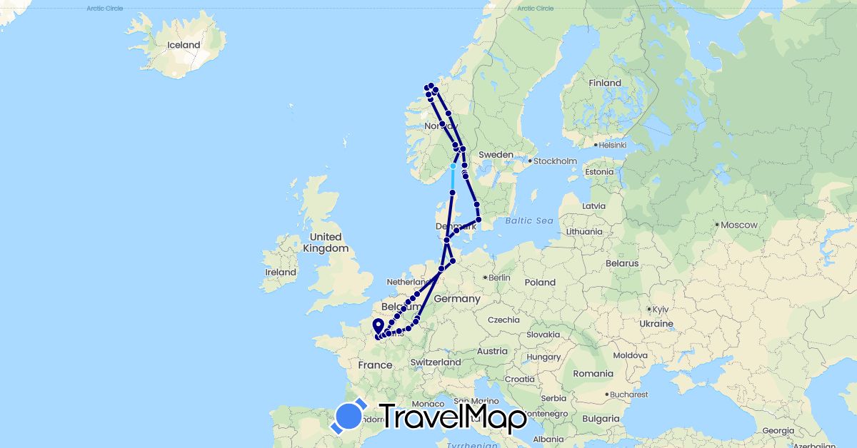 TravelMap itinerary: driving, boat in Belgium, Germany, Denmark, France, Luxembourg, Netherlands, Norway, Sweden (Europe)