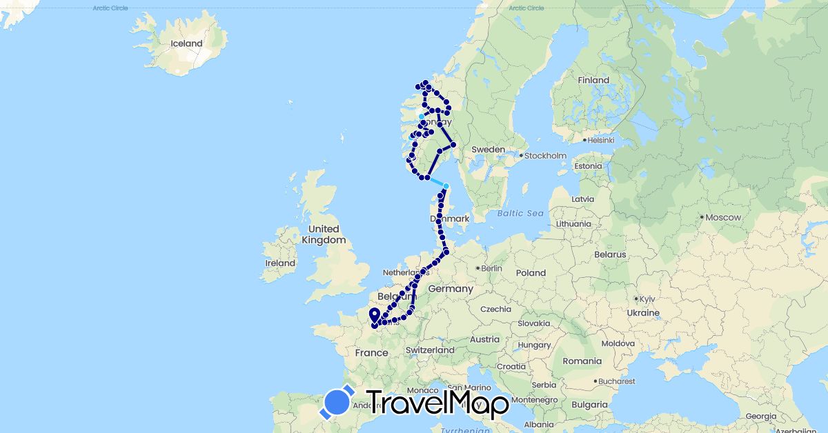 TravelMap itinerary: driving, boat in Belgium, Germany, Denmark, France, Luxembourg, Netherlands, Norway (Europe)